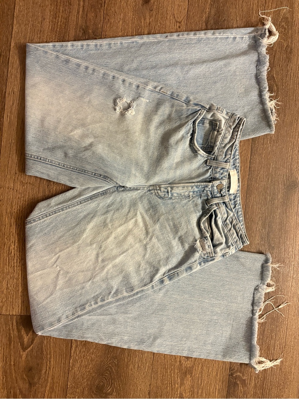 Light Blue Frayed-Hem Wide Leg Jeans
